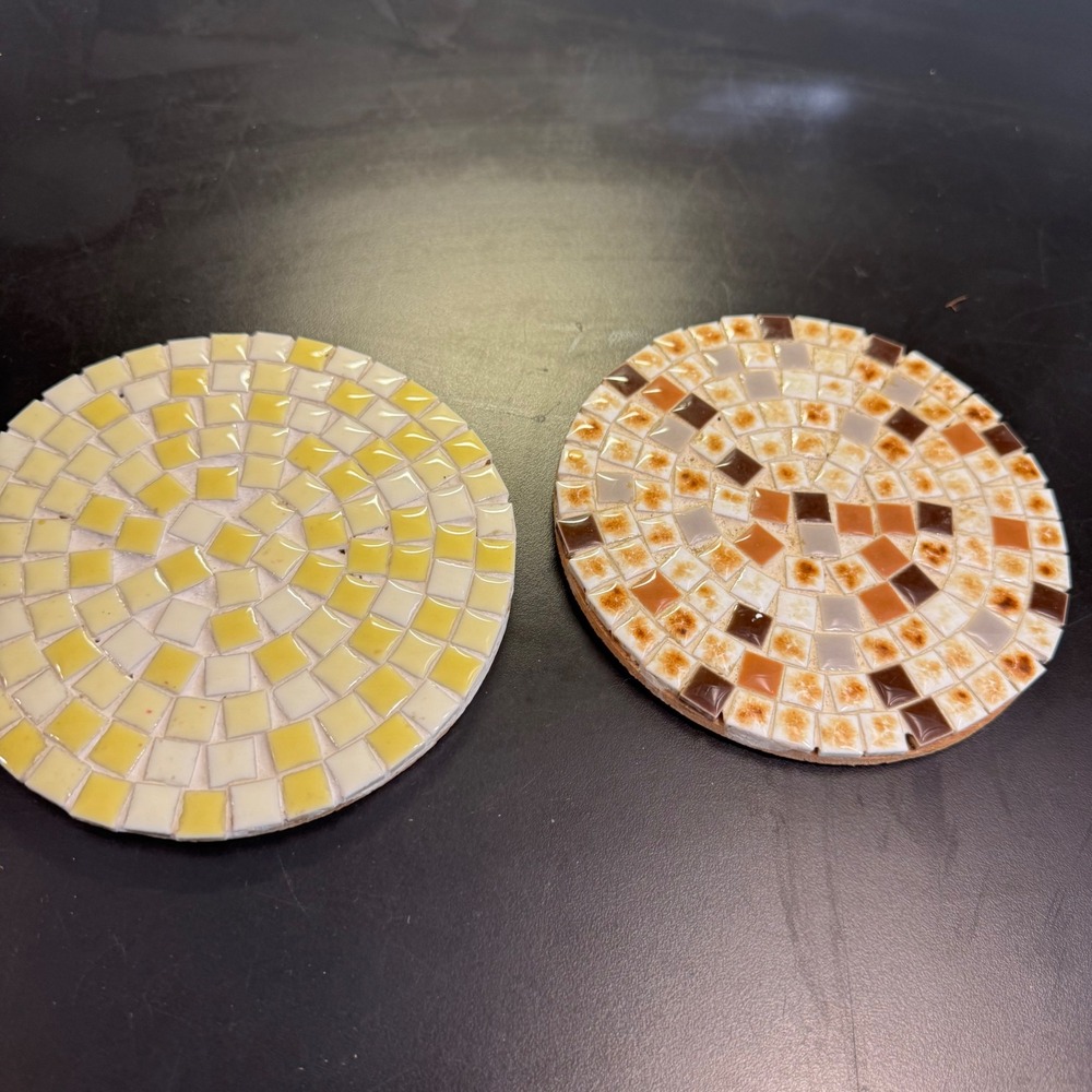 Handmade Mosaic Tile Coasters Set 2 5.5" Yellow Brown 1962 4-H Camp Craft Vtg